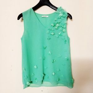 Mint green flower top blouse shirt Sz M